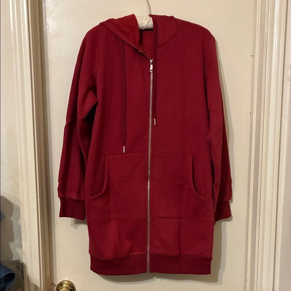 New Casual Red Longline Hoodie Full zip size Small - Picture 1 of 8